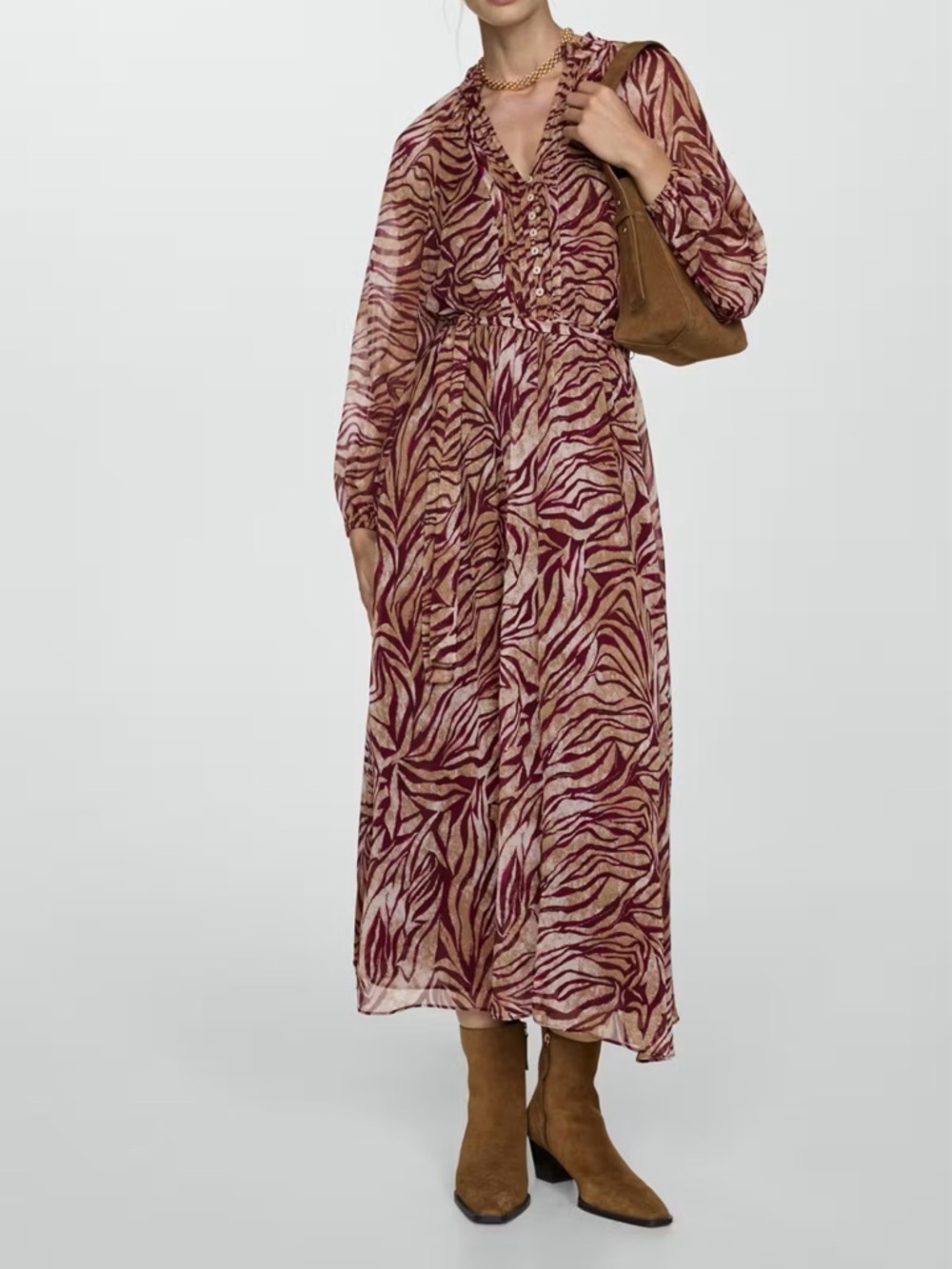 Mango Burgundy and Cream Animal-Print Maxi Dress